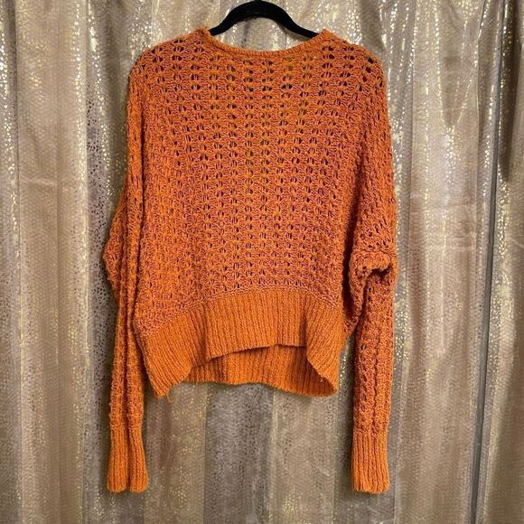 Free People Best Of You Sunset Orange Open Knit V Neck Sweater Medium - Picture 2 of 9